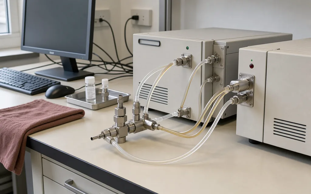 Mass spectrometer sample inlet and chromatography tubing on a laboratory bench