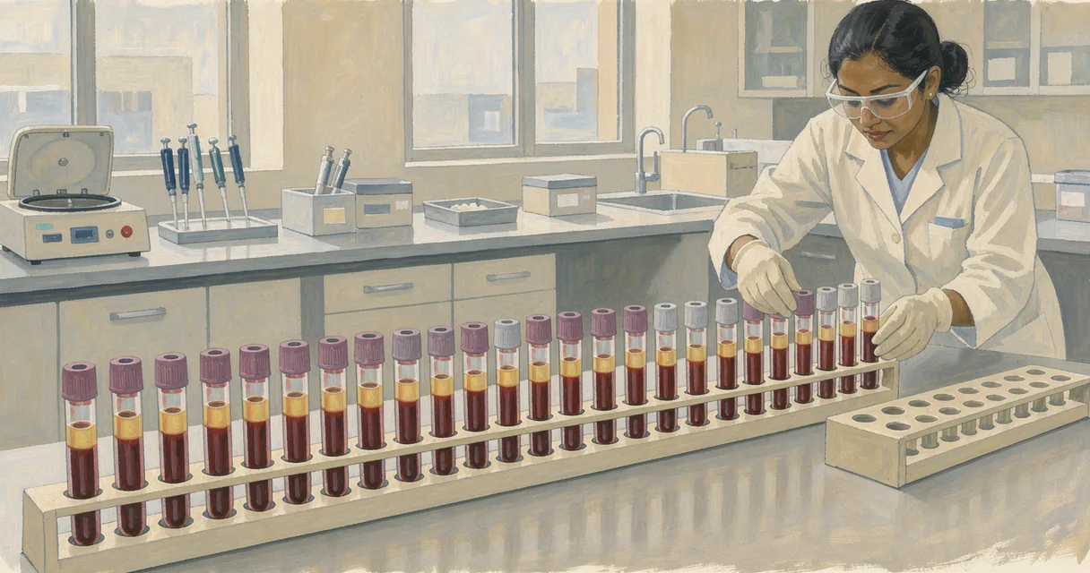 Technician arranging successive blood samples along a cream laboratory bench