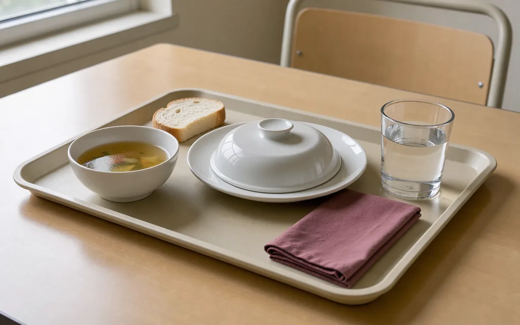 Plain meal tray with bread and a bowl beside a covered plate
