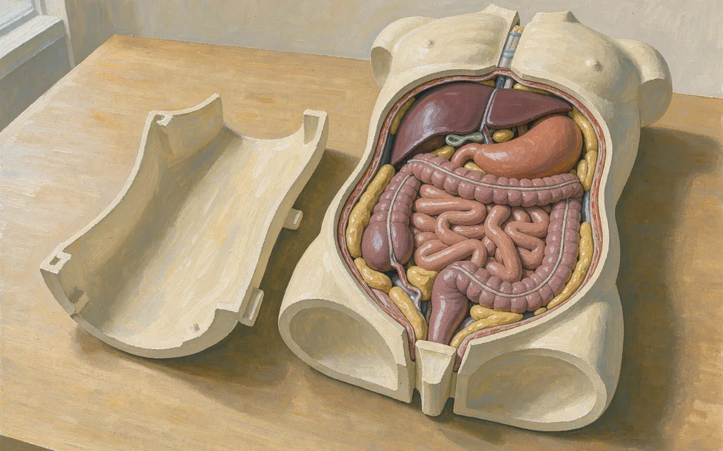 Open anatomical abdomen model showing organs and surrounding fat